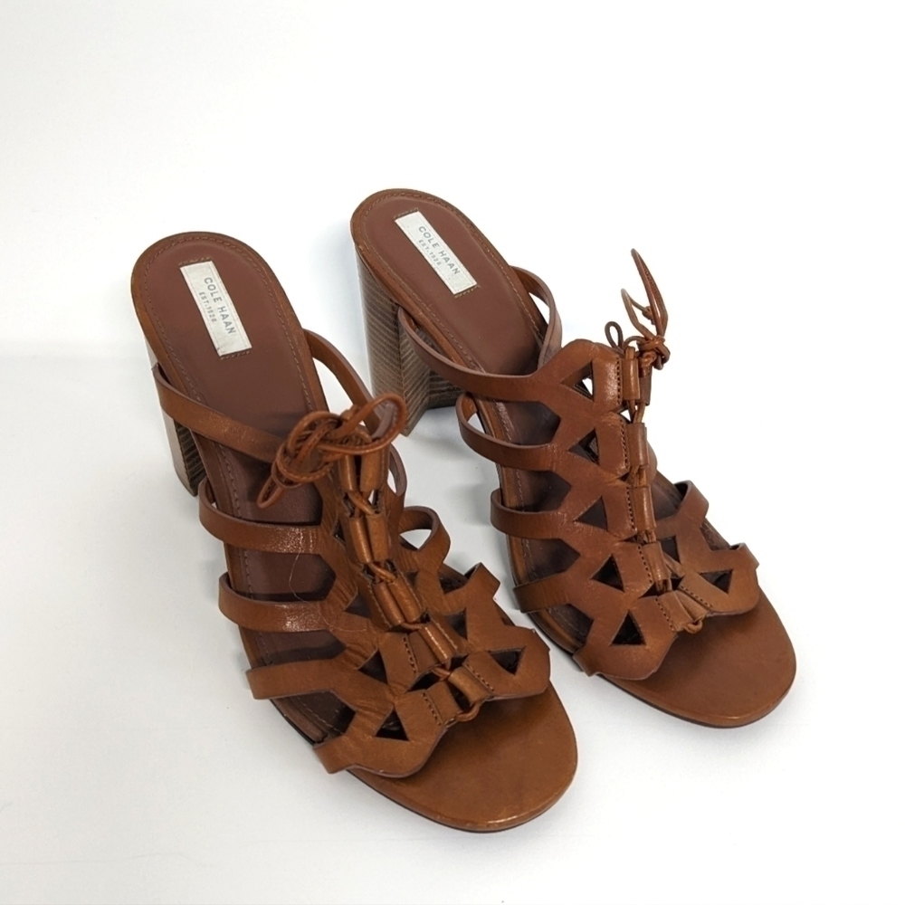 Cole Haan Lace Up Leather Block Heel Sandals Brown 11B summer bohemian preppy